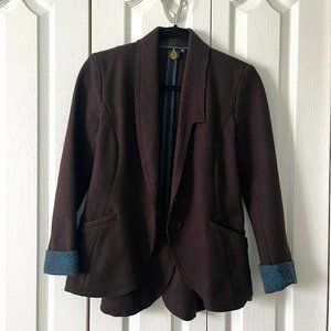 Wool Handmade Fitted Blazer Jacket Brown with Patterned Turquoise Blue Print